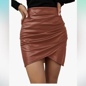 NWT Milumia PU Leather Bodycon Short Skirt Asymmetrical Tulip Hem Ruched Wrap